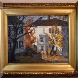 A06. Douglas Taylor painitng of houses in autumn. Frame: 24”h x 28”w 